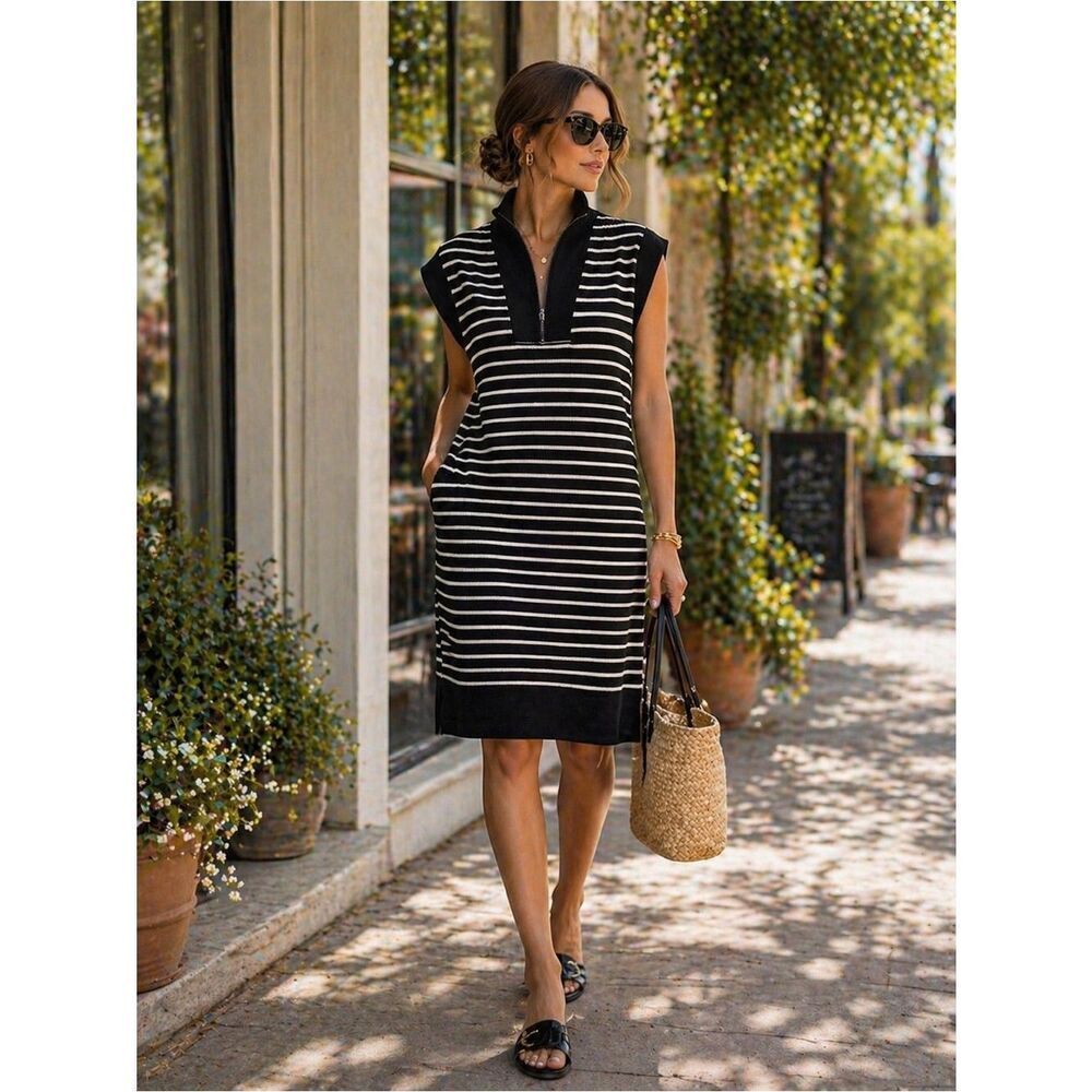 Anthropologie Mod on Trend Sleeveless Midi Dress with Zip V-Neck - Black & White